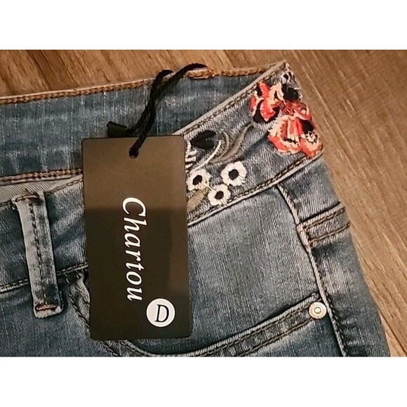Charton Collection Jeans Womens Flare XL Med Wash Embroidered Flowers Wide-Leg - Picture 8 of 13